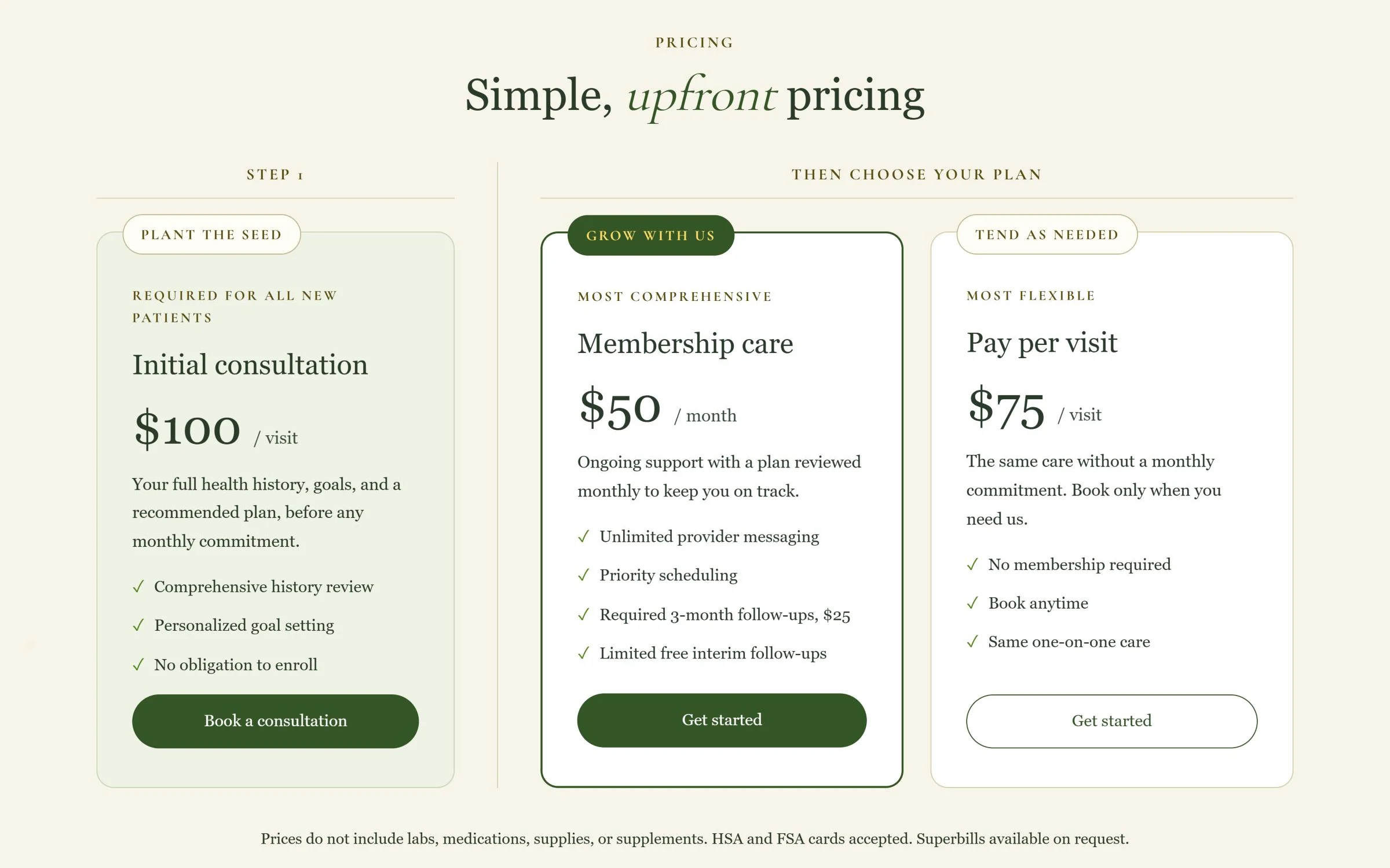 Pricing section with three cards: initial consultation, membership care, and pay per visit