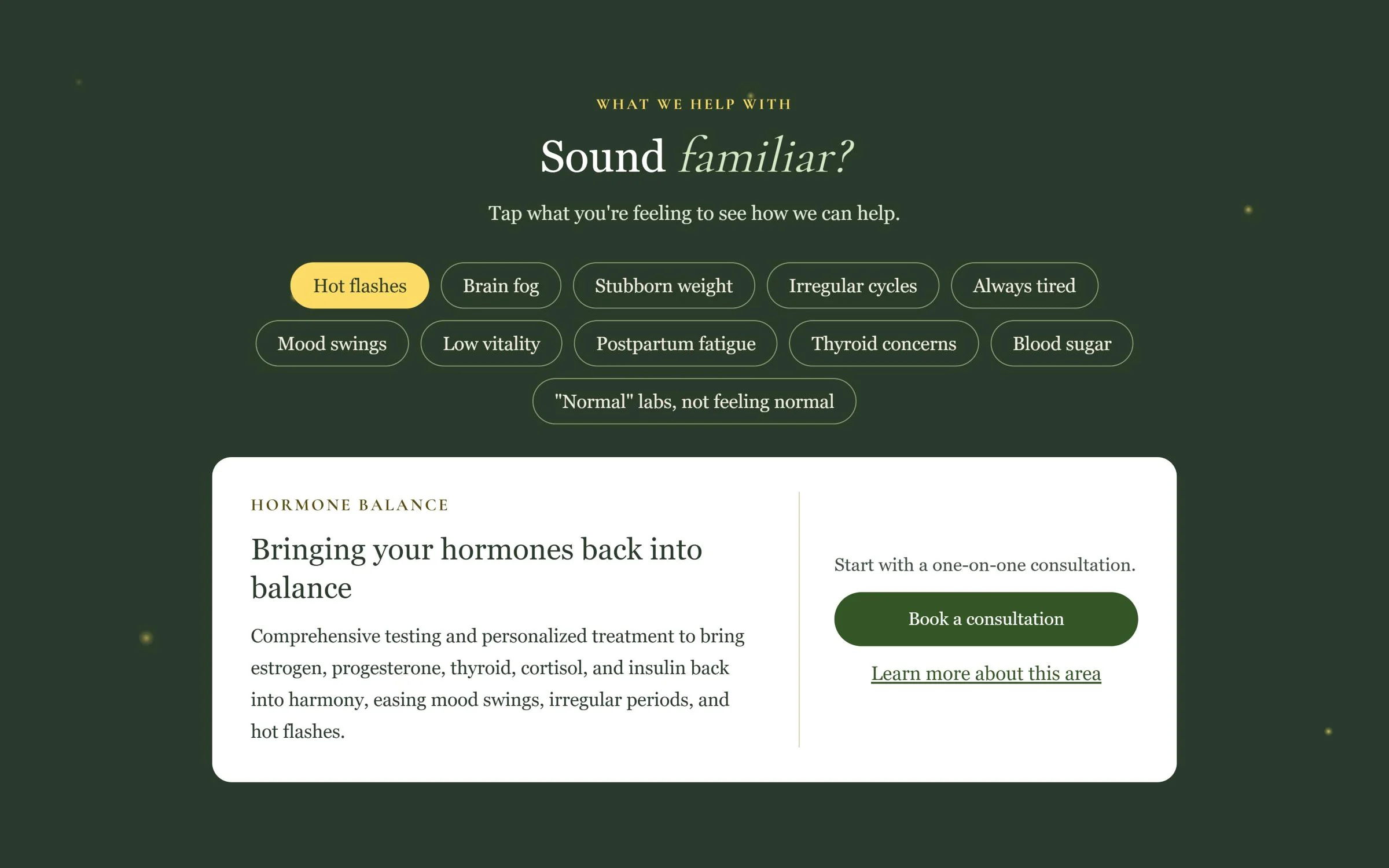 Dark green section titled Sound familiar? with symptom buttons and a card describing hormone balance care