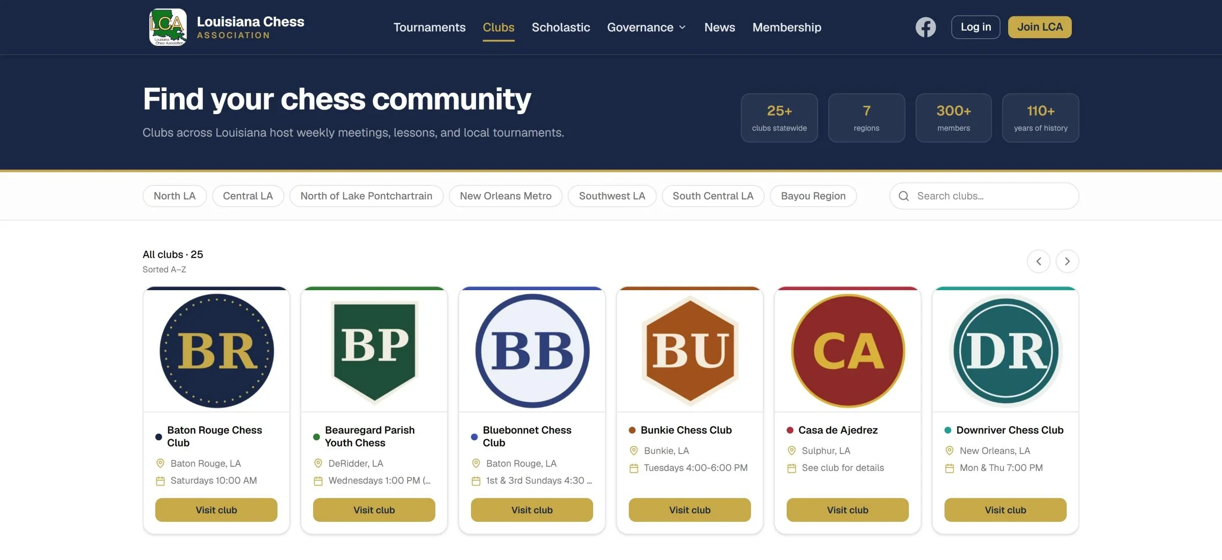 Clubs page titled Find your chess community with region filters, a search box, and club cards with logos